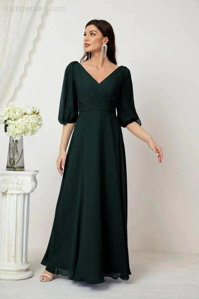 Numbersea  Formal Prom Gown Women V-Neck Chiffon Bridesmaid Dresses Long Bishop Sleeve Party Dress 2807