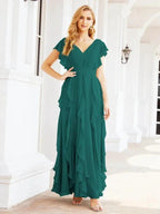 Ruffled Bridesmaid Dresses with Sleeves Long Formal Party Dress 28041
