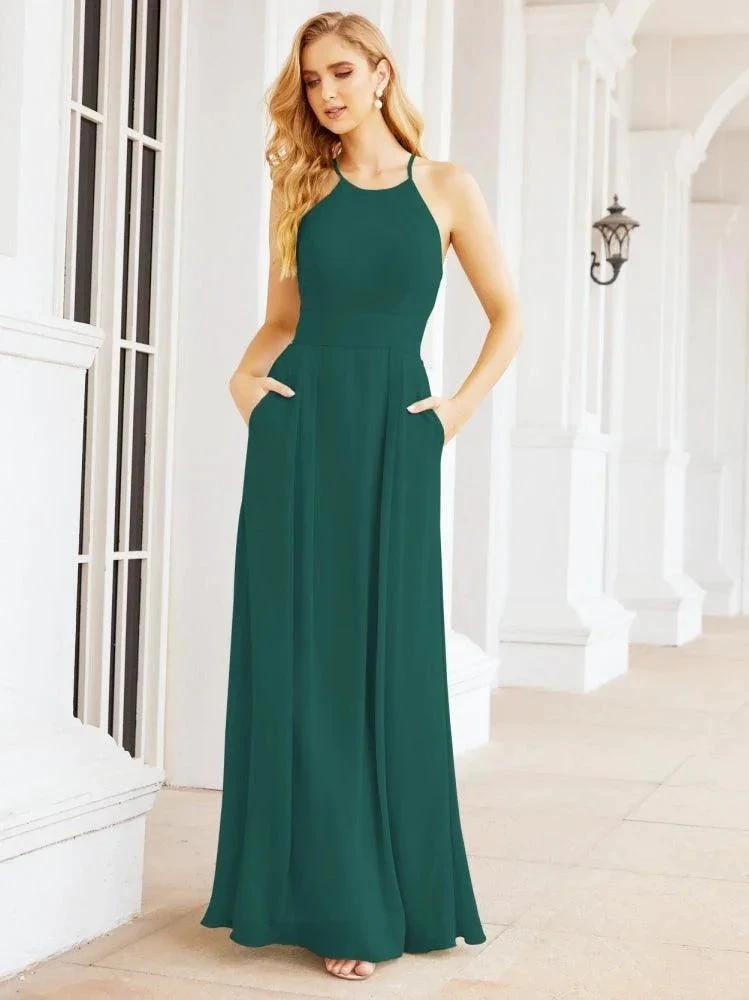 Numbersea Halter Bridesmaid Dresses with Pockets Sleeveless Formal Evening Party Prom Gowns  28055
