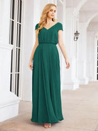 Numbersea V-Neck Bridesmaid Dresses Long Cap Sleeves Prom Evening Formal Gowns 28071