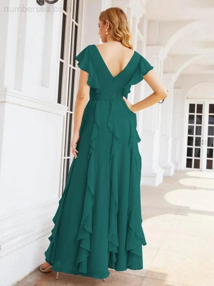 Ruffled Bridesmaid Dresses with Sleeves Long Formal Party Dress 28041