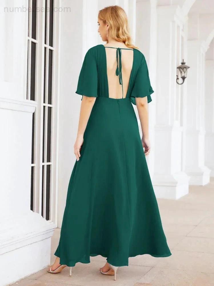 Numbersea V-Neck Bridesmaid Dress Chiffon Long Open Back Formal Dresses for Women Party Evening 28067