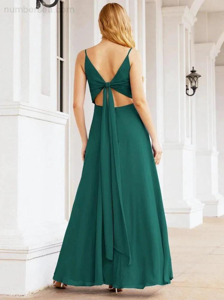 Numbersea Spaghetti Strap Bridesmaid Dresses V Neck Butterfly Back Fromal Evening Party Prom Gown 28036