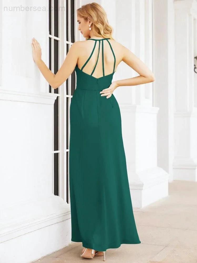 Numbersea Spaghetti Strap Bridesmaid Dresses V-Neck Long A-Line Formal Prom Gowns 28063