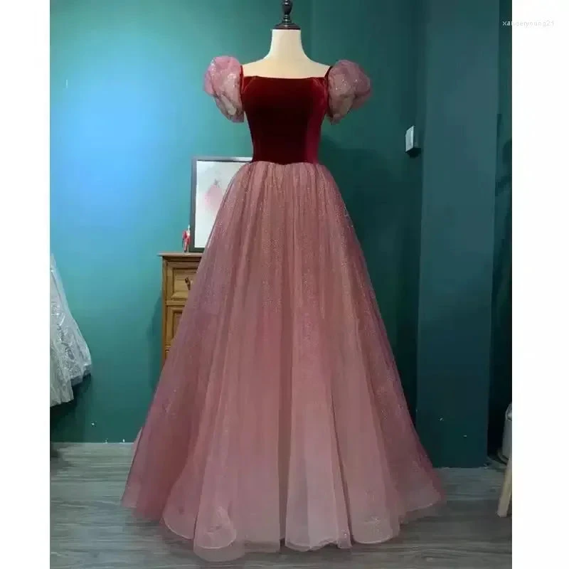 Purple Tulle Short Sleeve Formal Dress Cute A-Line Evening Dress Y4291