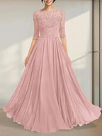 A-line Scoop Illusion Floor-Length Chiffon Lace Mother of the Bride Dress With Pleated Sequins