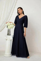 Numbersea  Formal Prom Gown Women V-Neck Chiffon Bridesmaid Dresses Long Bishop Sleeve Party Dress 2807