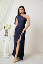 Numbersea  Chiffon Ruffled One Shoulder Long Bridesmaid Dresses A-line Formal Evening Gown Side Split 2809