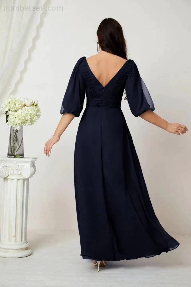 Numbersea  Formal Prom Gown Women V-Neck Chiffon Bridesmaid Dresses Long Bishop Sleeve Party Dress 2807