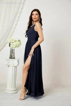 Numbersea Chiffon V-Neck Bridesmaid Dress Spaghetti Strap Long Formal Party Prom Gowns with Slit 28010