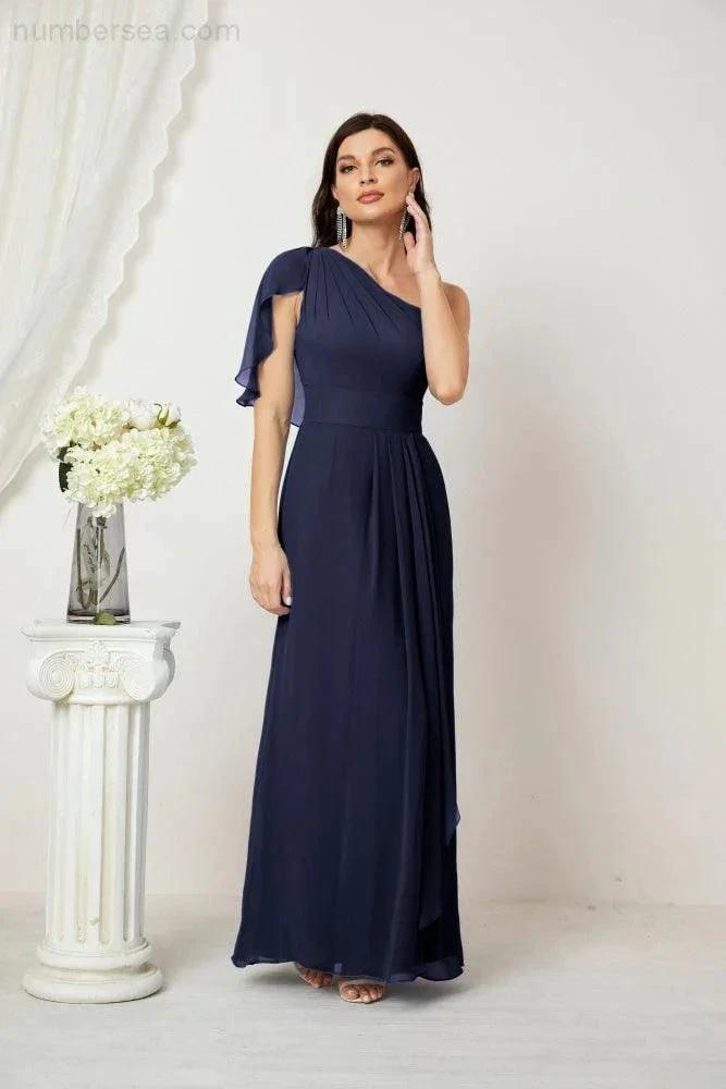 Numbersea  Chiffon Ruffled One Shoulder Long Bridesmaid Dresses A-line Formal Evening Gown Side Split 2809