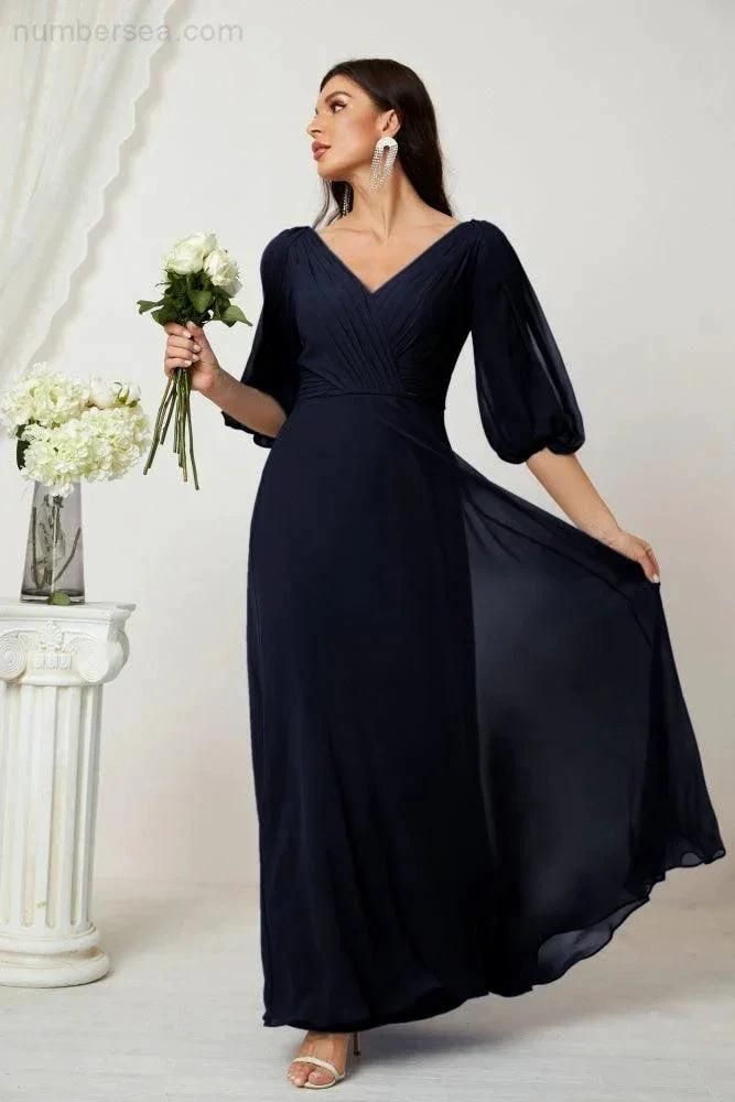 Numbersea  Formal Prom Gown Women V-Neck Chiffon Bridesmaid Dresses Long Bishop Sleeve Party Dress 2807
