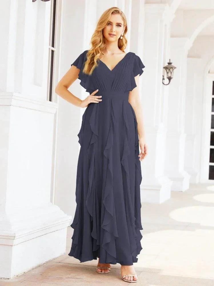Ruffled Bridesmaid Dresses with Sleeves Long Formal Party Dress 28041