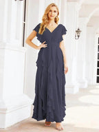 Ruffled Bridesmaid Dresses with Sleeves Long Formal Party Dress 28041