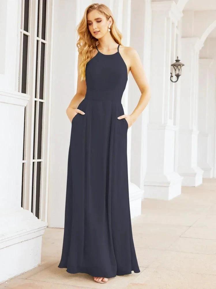 Numbersea Halter Bridesmaid Dresses with Pockets Sleeveless Formal Evening Party Prom Gowns  28055