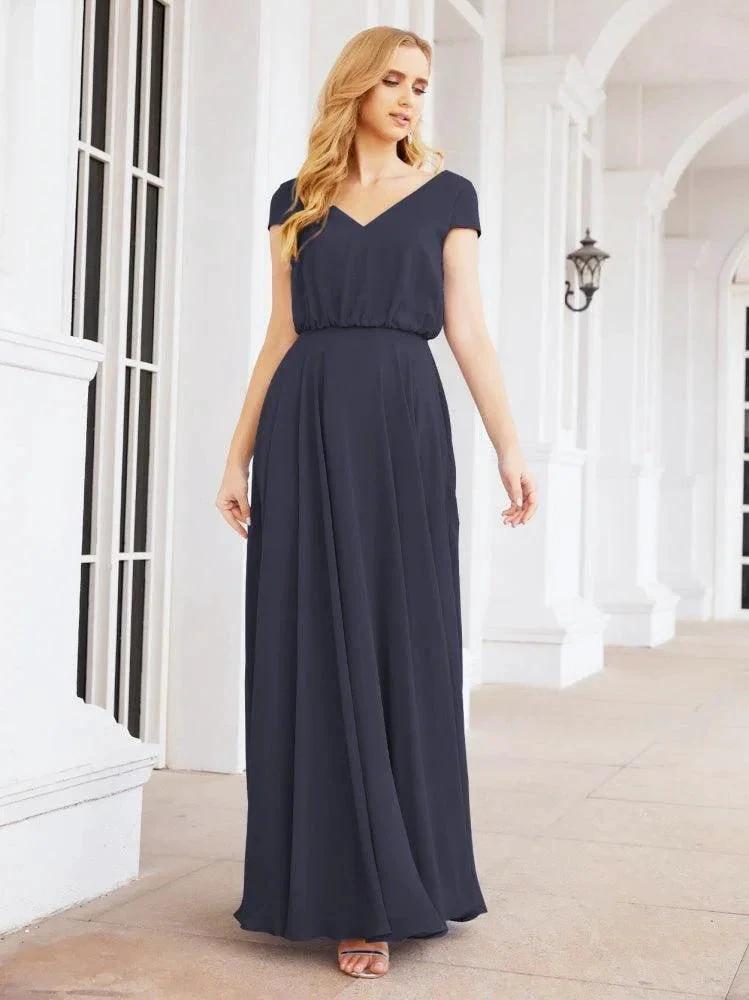 Numbersea V-Neck Bridesmaid Dresses Long Cap Sleeves Prom Evening Formal Gowns 28071