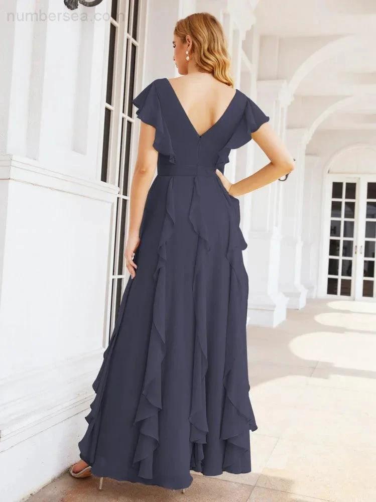 Ruffled Bridesmaid Dresses with Sleeves Long Formal Party Dress 28041