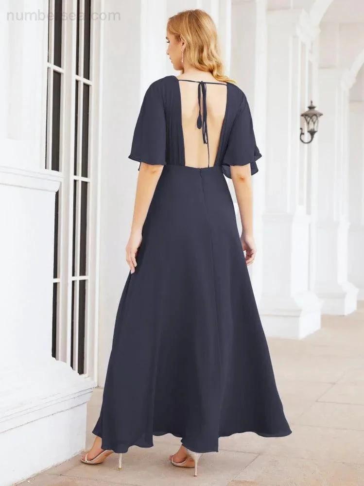Numbersea V-Neck Bridesmaid Dress Chiffon Long Open Back Formal Dresses for Women Party Evening 28067