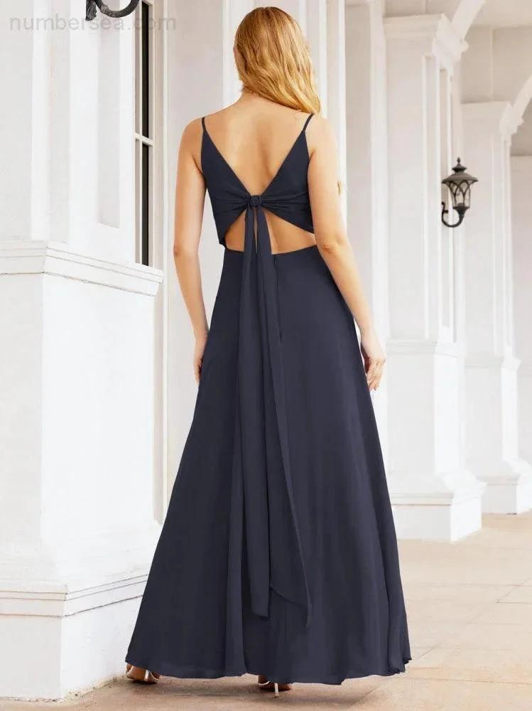 Numbersea Spaghetti Strap Bridesmaid Dresses V Neck Butterfly Back Fromal Evening Party Prom Gown 28036