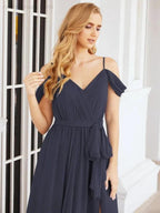 Numbersea Off The Shoulder Chiffon Bridesmaid Dress Long Formal Graduation Gown with Cowl Back 28069