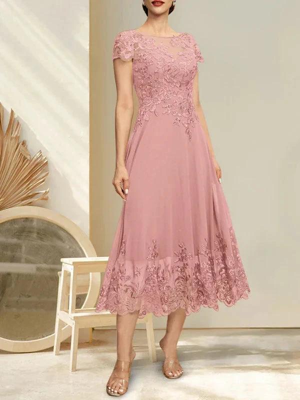 A-line Illusion Scoop Tea-Length Lace Chiffon Mother of the Bride Dress With Sequins