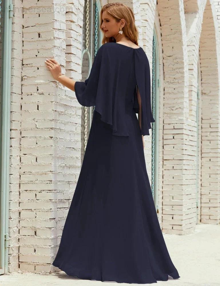 Sunnderly  Bridesmaid Dress Women Long Sleeve V-Neck Chiffon Formal Wedding Party Dress SY28018