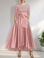 A-line Scoop Illusion Asymmetrical Satin Lace Mother of the Bride Dress With Bow