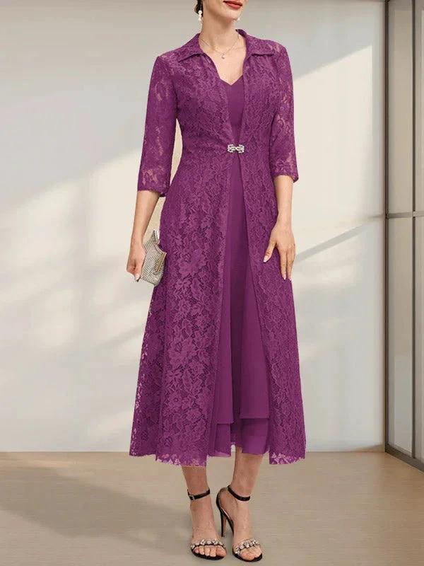 A-line V-Neck Tea-Length Chiffon Mother of the Bride Dress