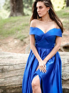 Regal Blue Off The Shoulder A-Line Satin Gown with Elegant Split Hem