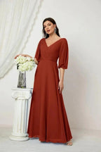 Numbersea  Formal Prom Gown Women V-Neck Chiffon Bridesmaid Dresses Long Bishop Sleeve Party Dress 2807