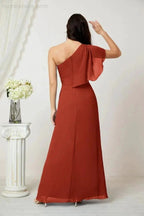 Numbersea  Chiffon Ruffled One Shoulder Long Bridesmaid Dresses A-line Formal Evening Gown Side Split 2809