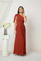 Numbersea  Chiffon Ruffled One Shoulder Long Bridesmaid Dresses A-line Formal Evening Gown Side Split 2809