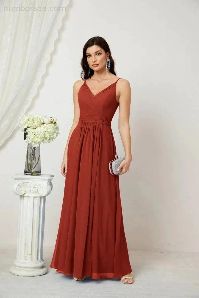Numbersea Chiffon V-Neck Bridesmaid Dress Spaghetti Strap Long Formal Party Prom Gowns with Slit 28010