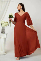 Numbersea  Formal Prom Gown Women V-Neck Chiffon Bridesmaid Dresses Long Bishop Sleeve Party Dress 2807