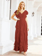 Ruffled Bridesmaid Dresses with Sleeves Long Formal Party Dress 28041