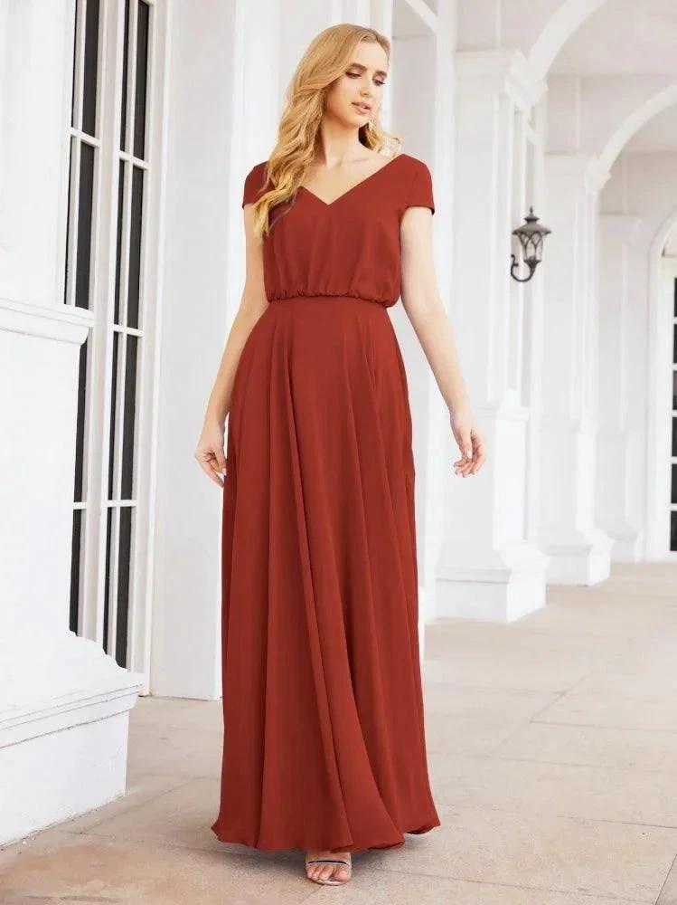 Numbersea V-Neck Bridesmaid Dresses Long Cap Sleeves Prom Evening Formal Gowns 28071