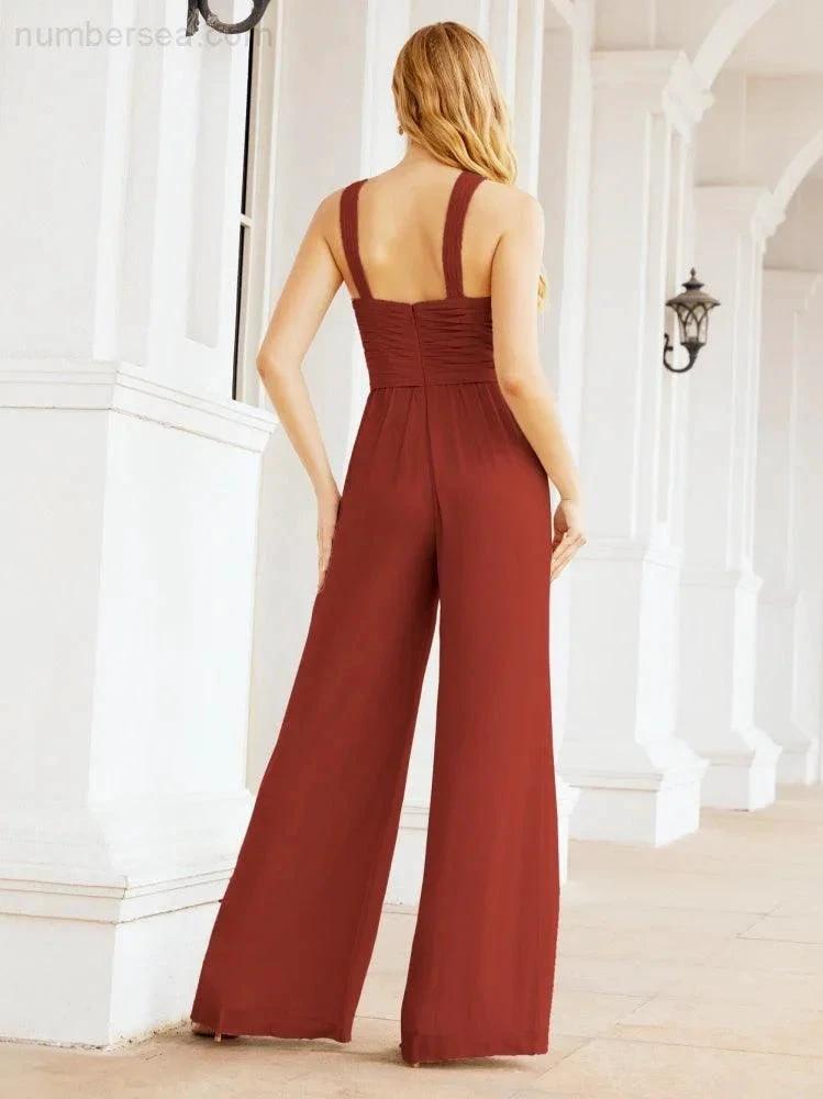 Numbersea Crisscross Neck Jumpsuit Formal Evening Dress Long Bridesmaid Dresses Bell-bottomed Pants 28033