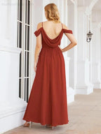 Numbersea Off The Shoulder Chiffon Bridesmaid Dress Long Formal Graduation Gown with Cowl Back 28069