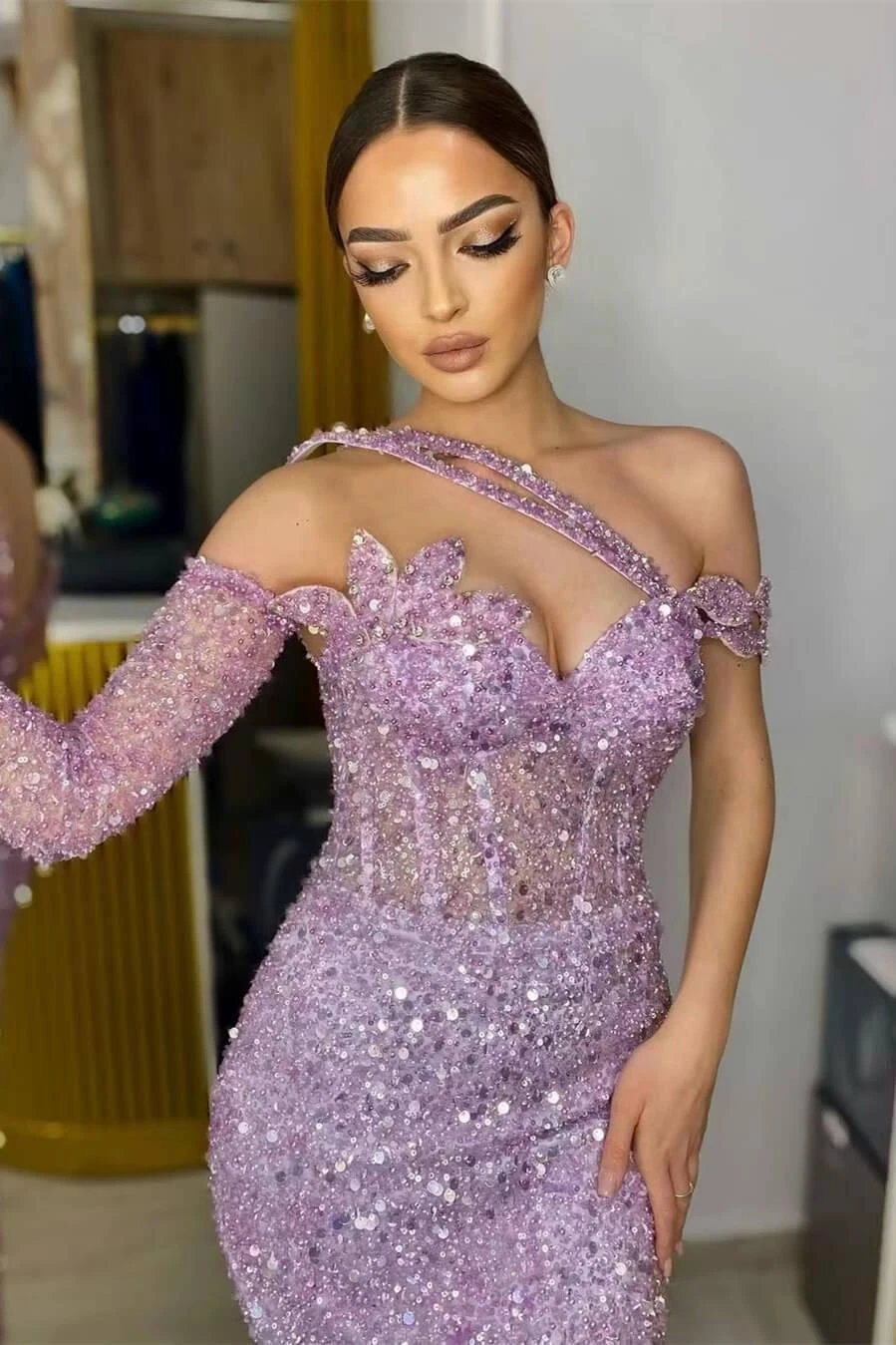 Gorgeous Lavender Sequins One Shoulder Mermaid Prom Dress with Long Sleeves