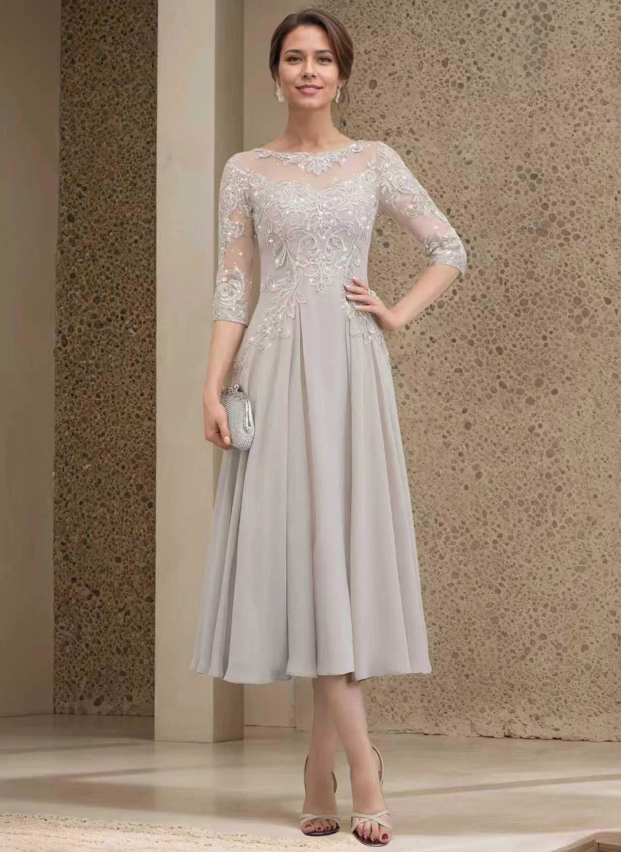 Light grey mesh embroidered chiffon dress