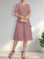 A-line Scoop Illusion Knee-Length Lace Chiffon Mother of the Bride Dress With Sequins