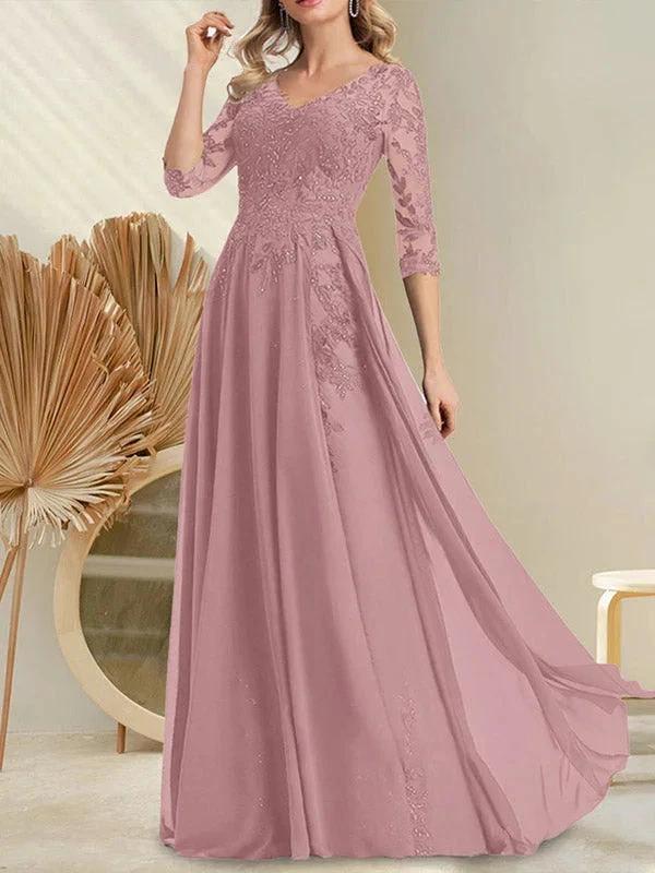 A-line V-Neck Floor-Length Lace Chiffon Mother of the Bride Dress With Sequins