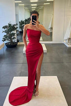 Long Mermaid Strapless Sleeveless Satin Prom Dress with Slit