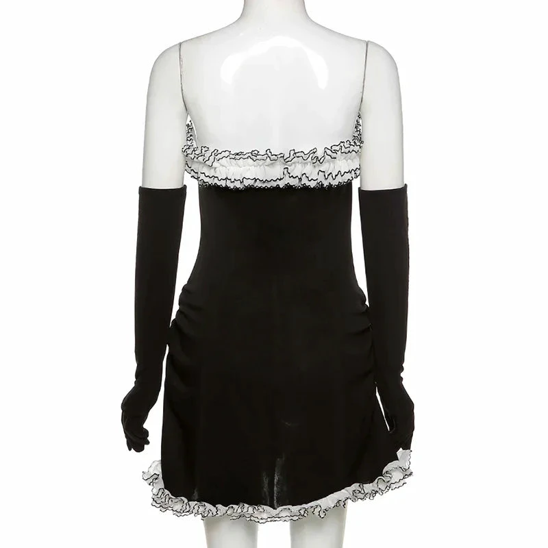 Black Party Tube Skirt Irregular White Ruffle Bandage Dress Black Homecoming Dress Y2617