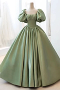 Satin Ball Gown Long Prom Dress Short Sleeves Evening Dress Y4313