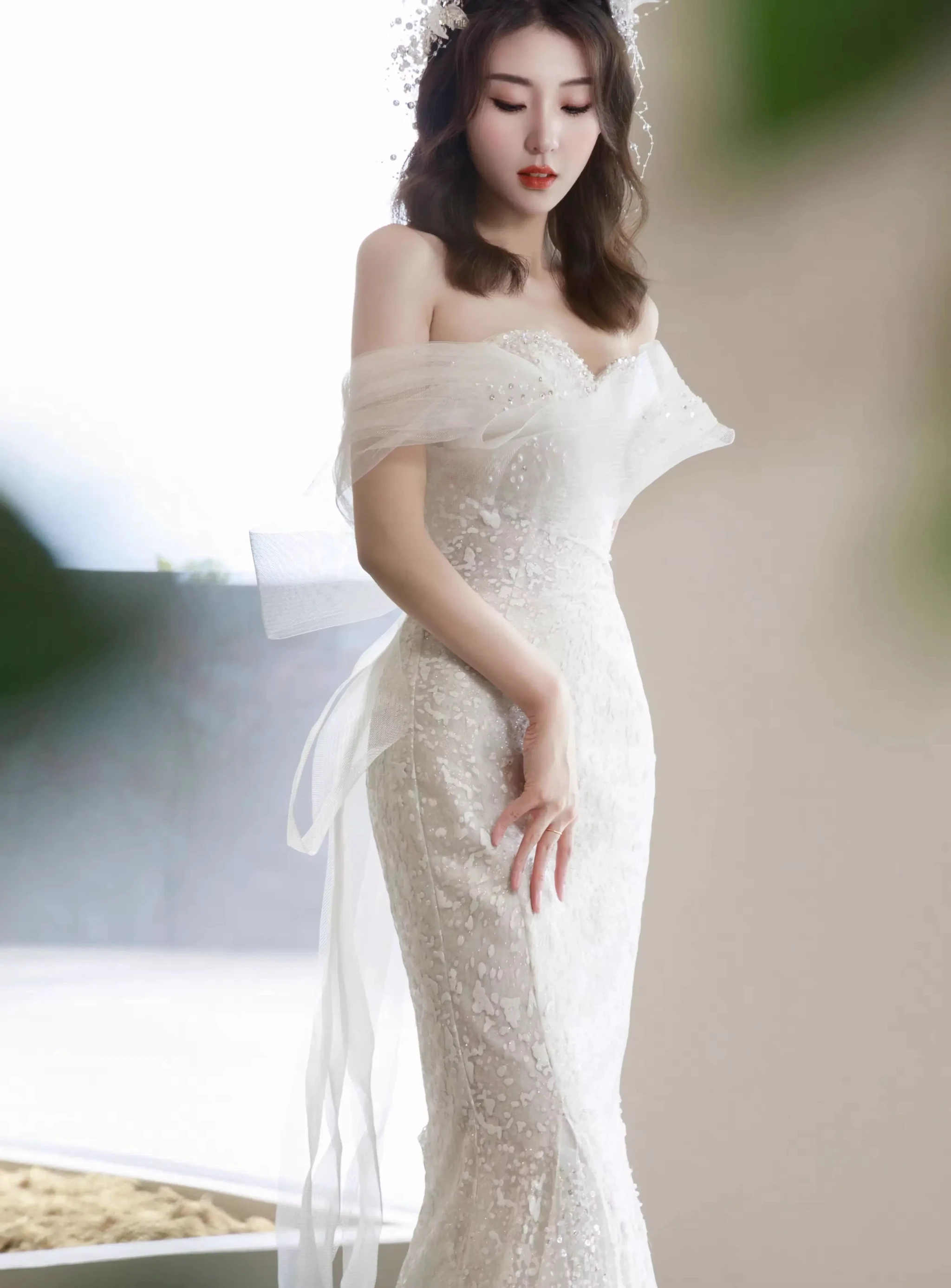 Glitter Mermaid Wedding Dress,Chic Bridal Dress ,Y2415