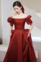 Burgundy Satin Long Prom Dresses A-Line Short Sleeve Evening Dresses Y1170