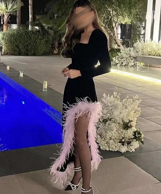 Chic Black Long Sleeves Evening Dress With Feathers Y6724