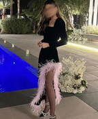 Chic Black Long Sleeves Evening Dress With Feathers Y6724