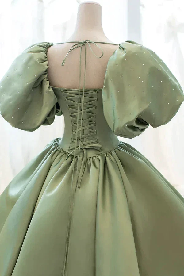 Satin Ball Gown Long Prom Dress Short Sleeves Evening Dress Y4313